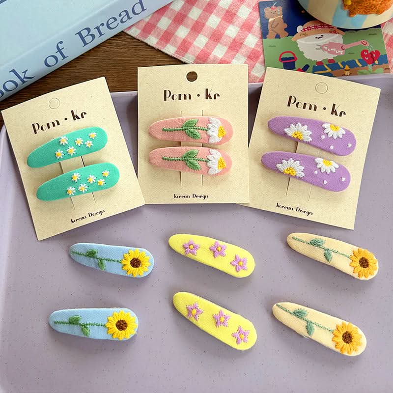 Korean Flower Drop Hair Clips for Girls – Cute Fabric Bangs & Side Clips (Pack of 4)