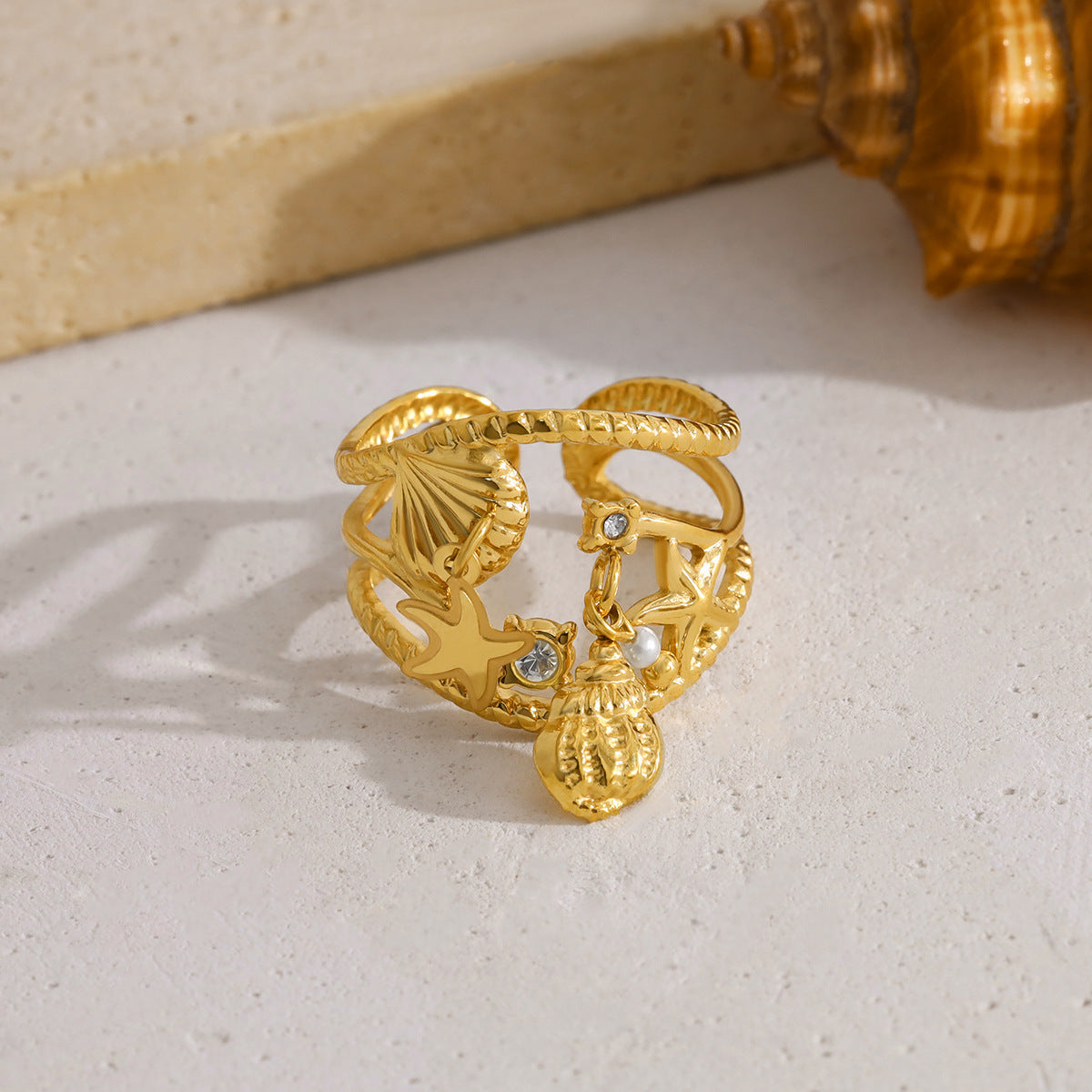 Ocean Starfish Shell Ring – Gold Titanium Steel Open Adjustable Beach Jewelry