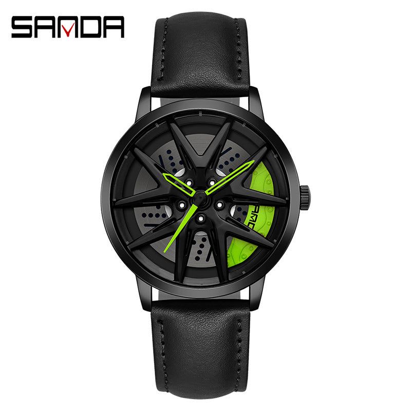 Sanda Men’s Quartz Watch – Wheel Series Dial, Leather Strap, Waterproof Timepiece