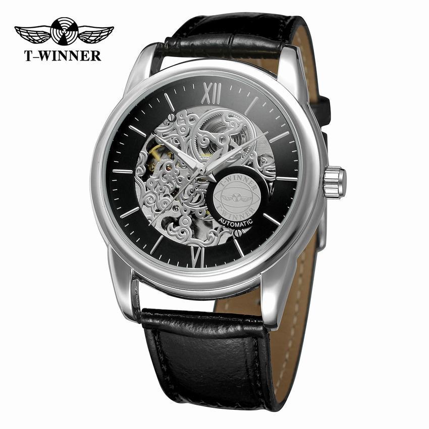 T-WINNER Hollow Automatic Mechanical Watch for Men – Leather Strap Fashion Timepiece