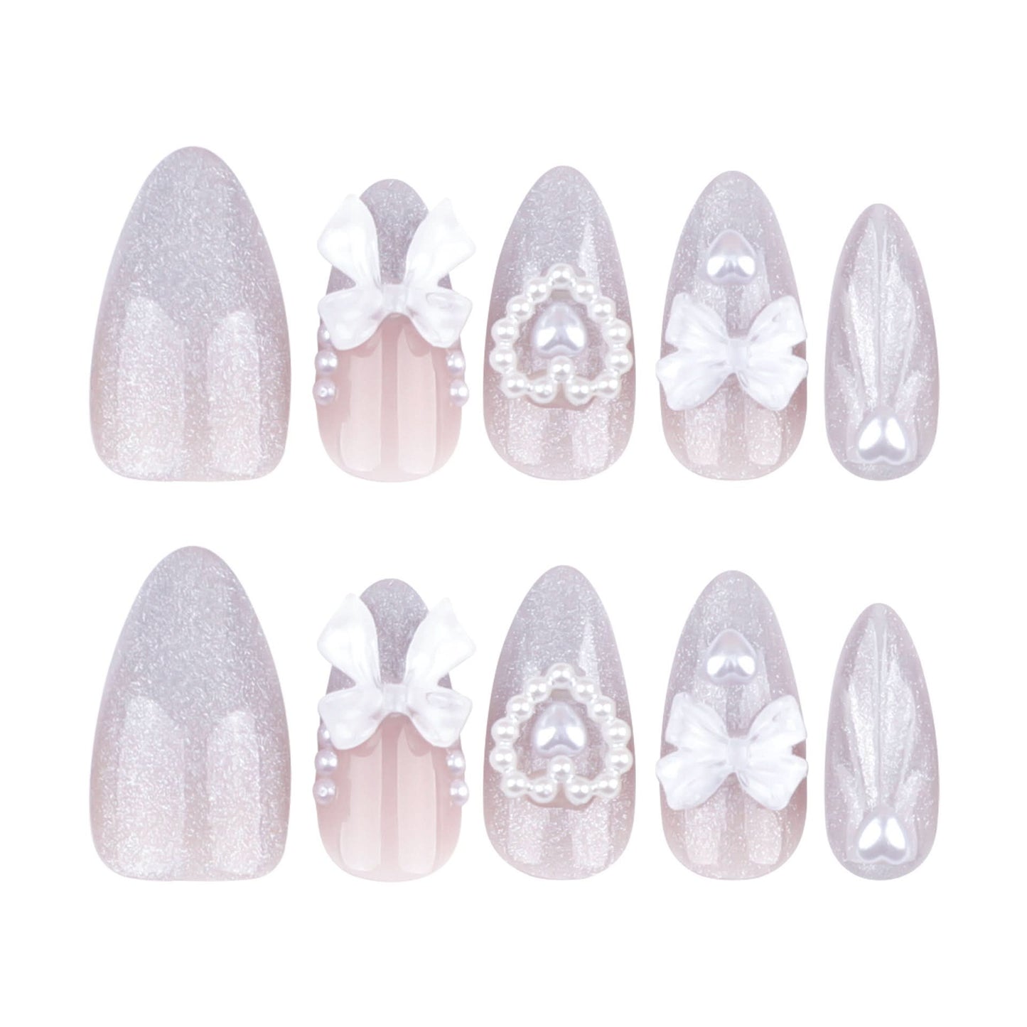 Almond French Press-On Nails – 3D Bow & Pearl Cat Eye False Nail Set
