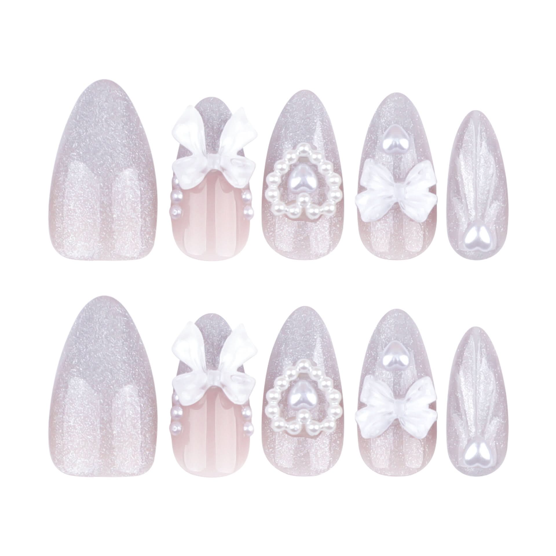 Almond French Press-On Nails – 3D Bow & Pearl Cat Eye False Nail Set