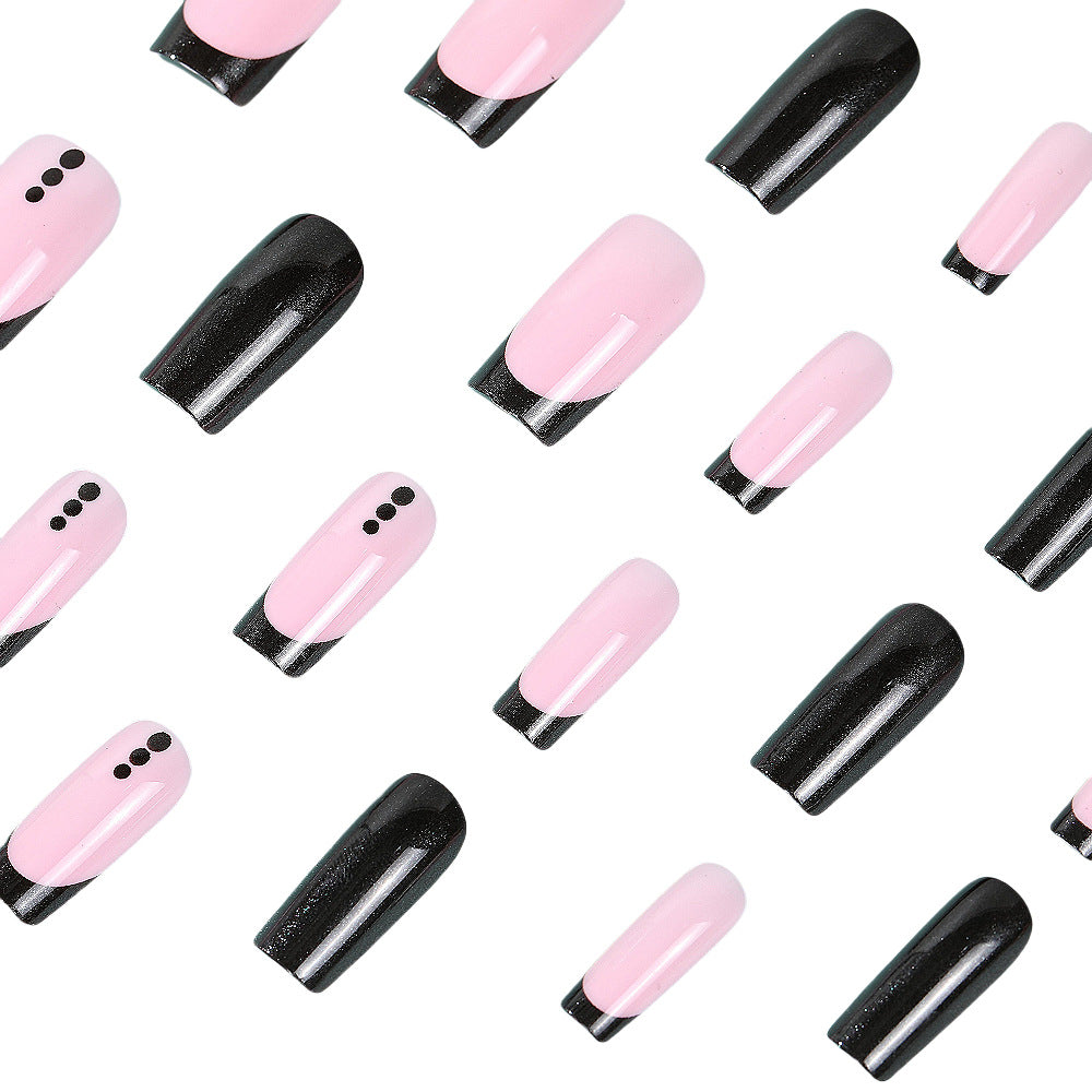 Elegant Long Square Glitter Press-on Nails – Black & Pink Acrylic with Dot Accents