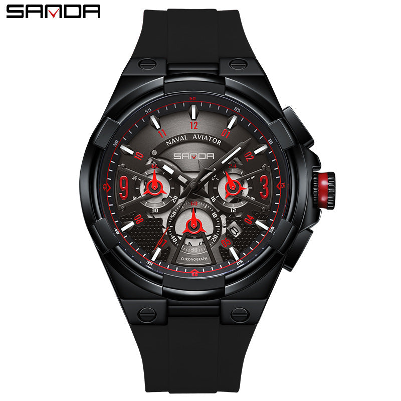 Sanda Men’s Silicone Quartz Watch – Hollow Three-Eye Chronograph, Waterproof Watch