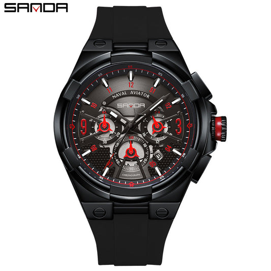 Sanda Men’s Silicone Quartz Watch – Hollow Three-Eye Chronograph, Waterproof Watch