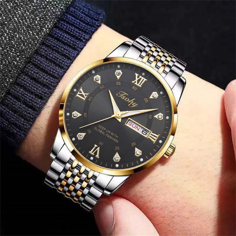 Men's Business Style Quartz Watch – Calendar & Week Display, Alloy Strap