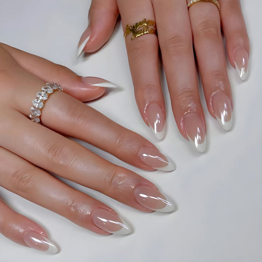 French Tip Almond Press-On Nails – Medium Glossy Nude & White Acrylic Nail Set