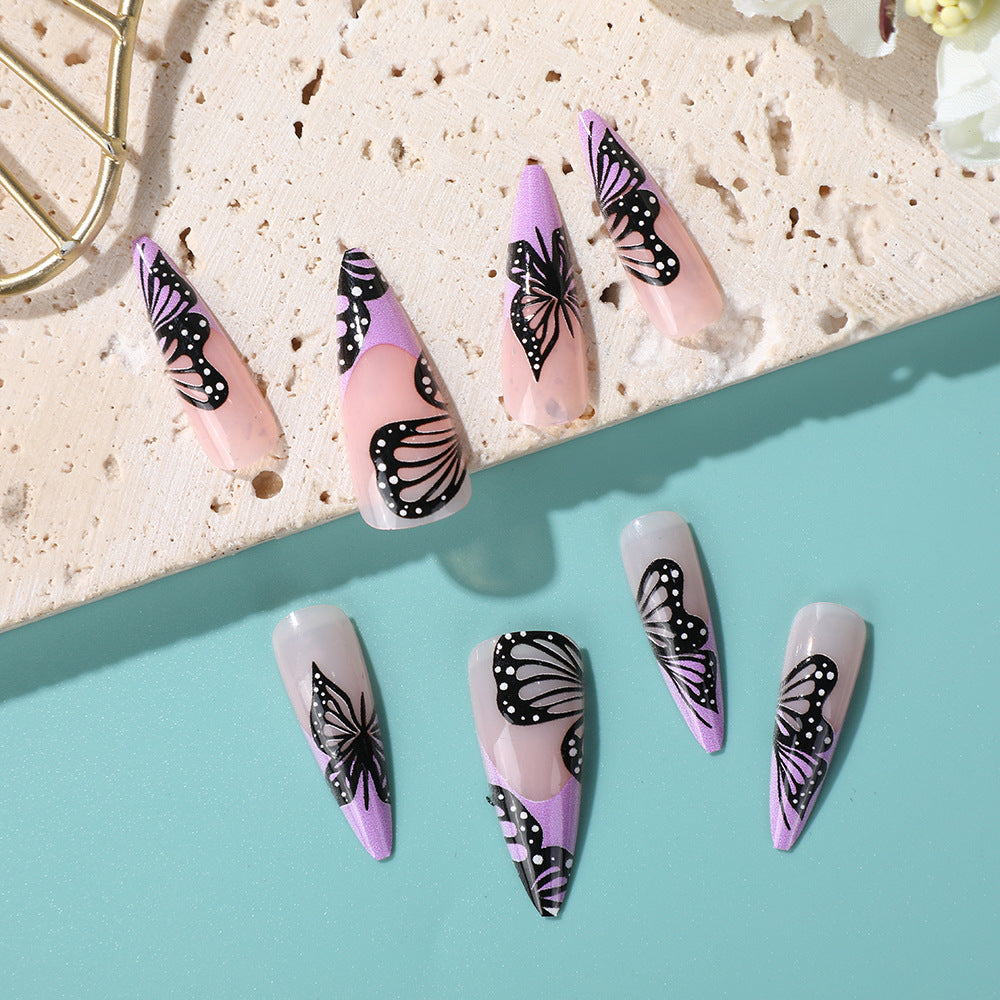 Long Stiletto Butterfly Press-On Nails – Trendy Purple Wing Design, Acrylic Glue-On Set