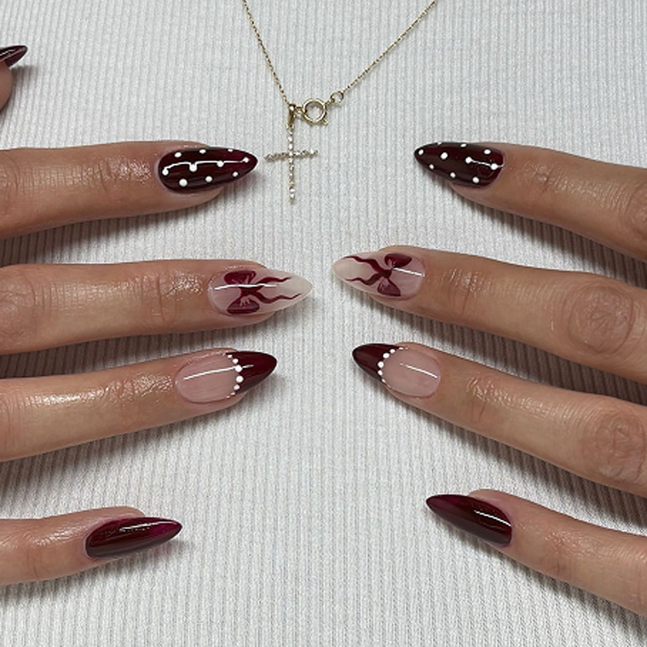 Burgundy Nude French Press-On Nails - Waerabl Nails with Polka Dot & Bow Design