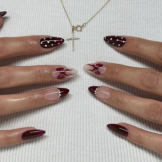 Burgundy Nude French Press-On Nails - Waerabl Nails with Polka Dot & Bow Design