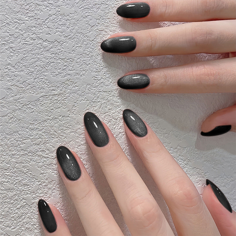 Black Cat Eye Press-On Nails – Glossy Almond Medium-Long Acrylic False Nails