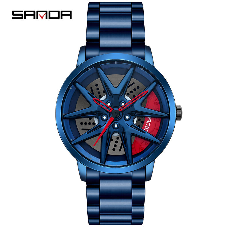 Sanda Men’s Quartz Watch – Wheel Dial, Stainless Steel Strap, Waterproof Sport Timepiece