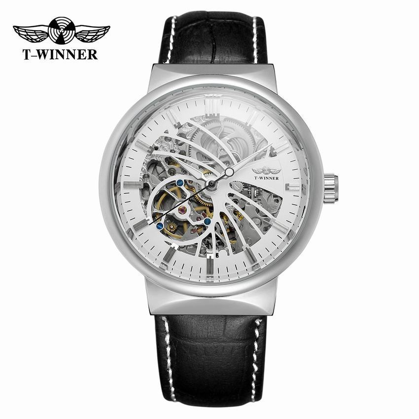 T-WINNER Automatic Mechanical Watch for Men – Waterproof Skeleton Dial Leather Strap