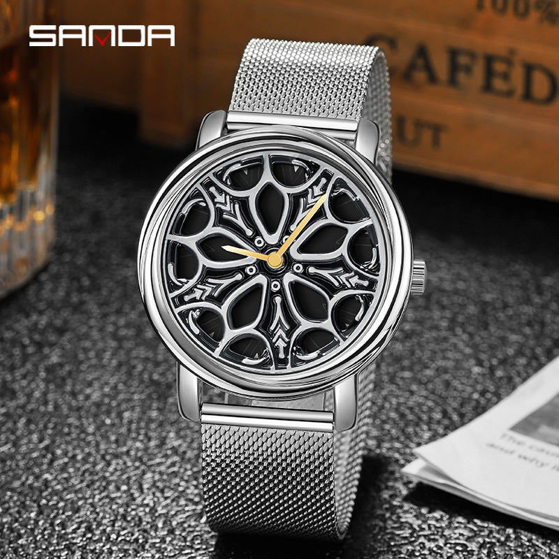 Sanda Men’s Quartz Watch – Rotating Dial, Mesh Stainless Steel Strap, Casual Timepiece