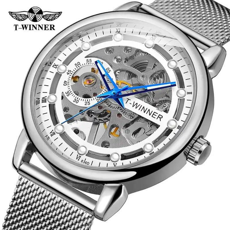 T-Winner Men’s Hollow Mechanical Watch – Mesh Strap, 30M Waterproof, Fashion Casual