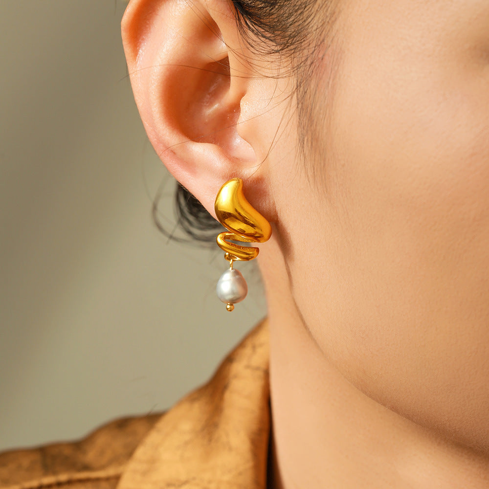 Gold-Plated Freshwater Pearl Earrings – Geometric Stainless Steel Jewelry for Women