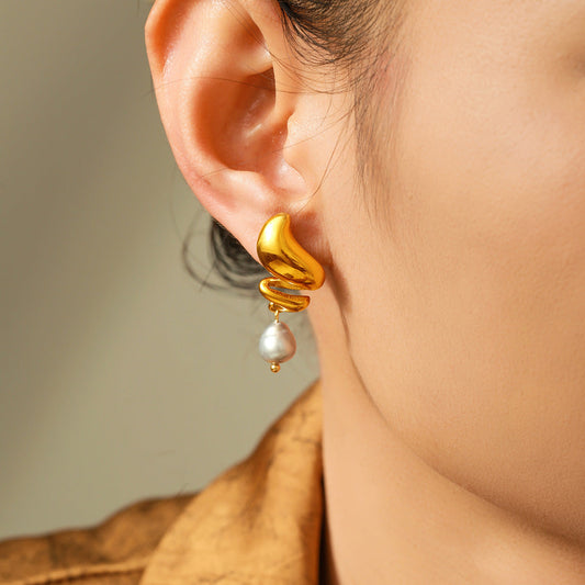 Gold-Plated Freshwater Pearl Earrings – Geometric Stainless Steel Jewelry for Women