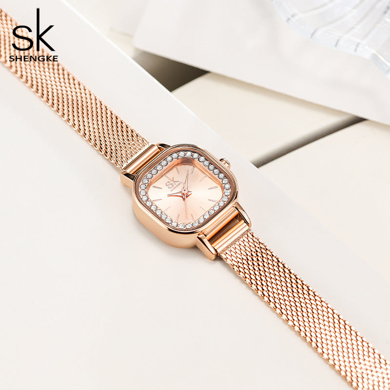 SK Women’s Diamond Quartz Watch – Square Dial, Waterproof Mesh Strap Timepiece