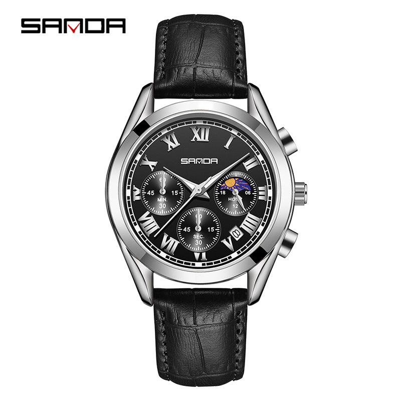 Sanda Men’s Leather Quartz Watch – Waterproof Business Watch with Moon Phase & Calendar