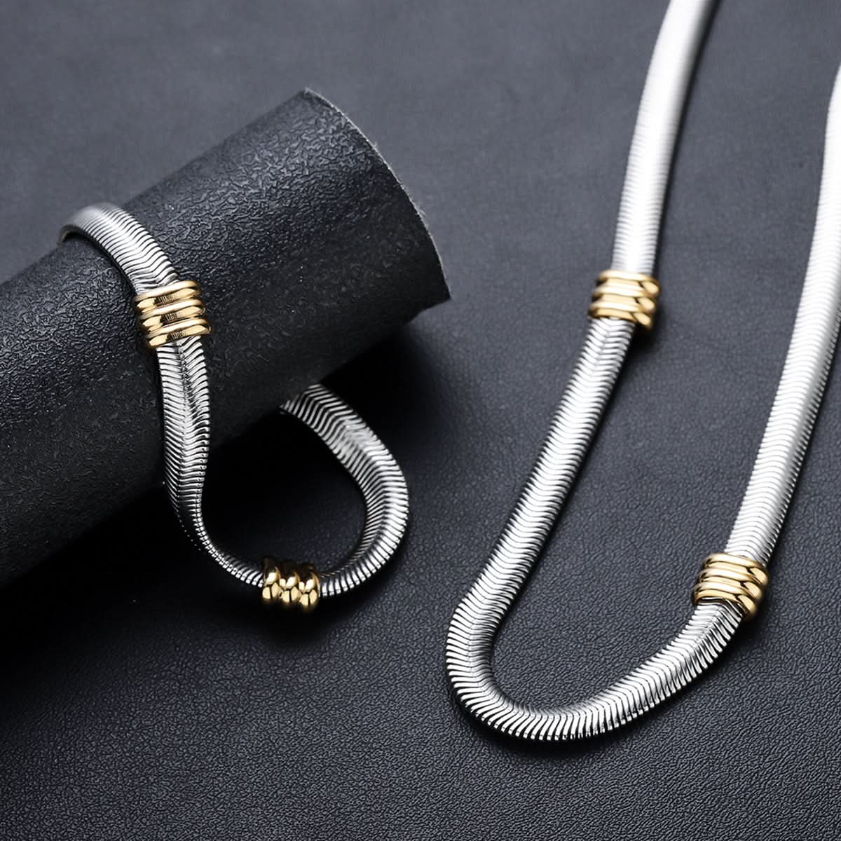 Men's Gold Bead Flat Snake Bone Necklace & Bracelet  – Minimalist Luxury