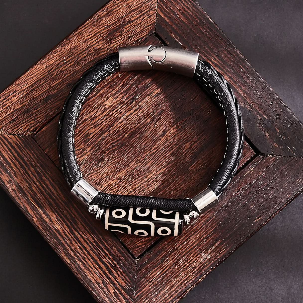Tibetan Nine-Eye Dzi Bracelet – Braided Leather Unisex Bracelet