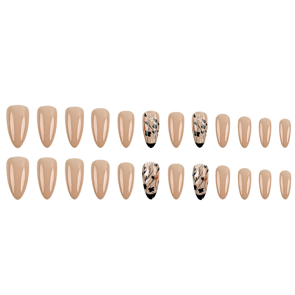French Tip Press-On Nails with Floral Accents, Almond Medium Acrylic Glue-On Nails