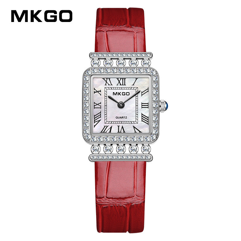 MKGO Luxury Women’s Square Quartz Watch with Diamonds – Roman Scale Leather Strap