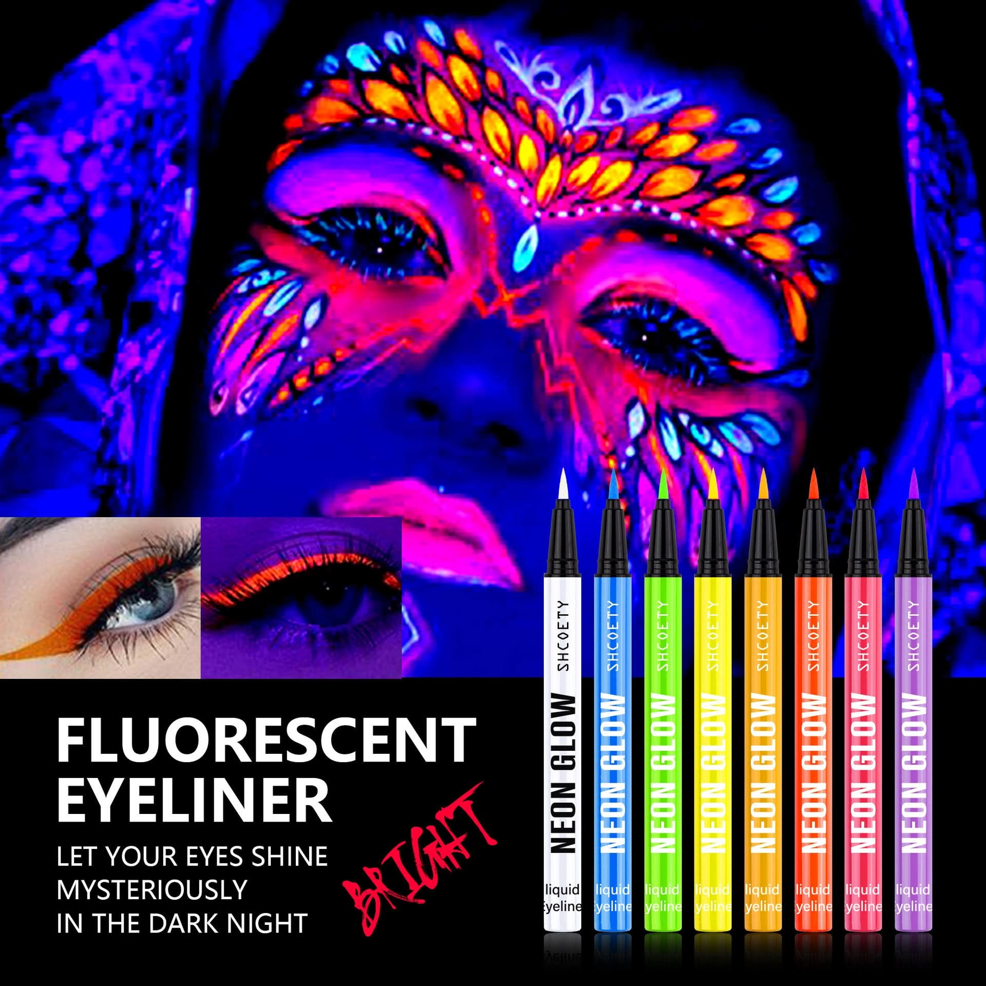SHCOETY 8-Color Fluorescent Liquid Eyeliner – Glow-in-the-Dark, Waterproof