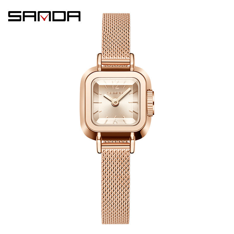 Sanda Women’s Square Quartz Watch – Mesh Stainless Steel Strap, Waterproof Casual Watch