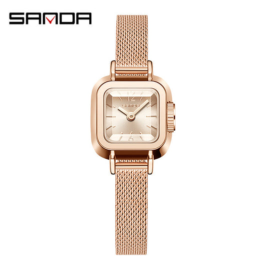 Sanda Women’s Square Quartz Watch – Mesh Stainless Steel Strap, Waterproof Casual Watch