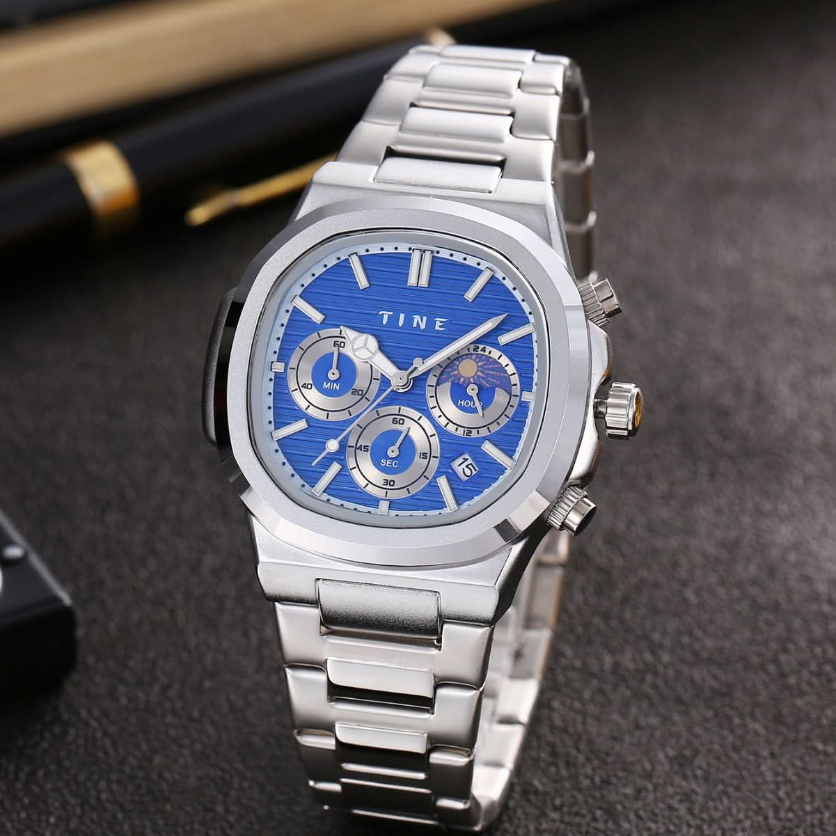 Men's Octagonal Moon Face Quartz Watch – Chronograph, Luminous Dial