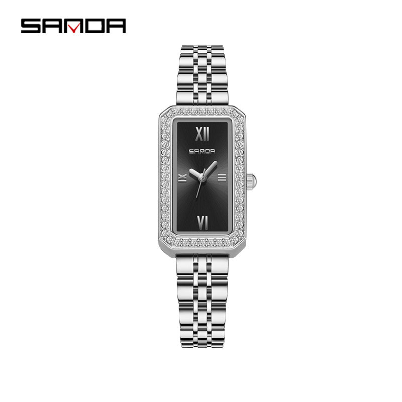 SANDA Women's Quartz Watch – Retro Diamond-Accented Stainless Steel Band