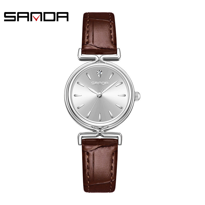 Sanda Women’s Retro Leather Quartz Watch – Classic Round Dial, Waterproof Casual Watch