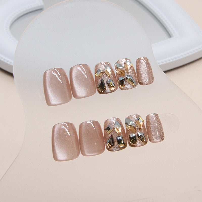 Cat Eye Rhinestone False Nails – Short Ballet Style, Glue-On & Detachable Nail Set