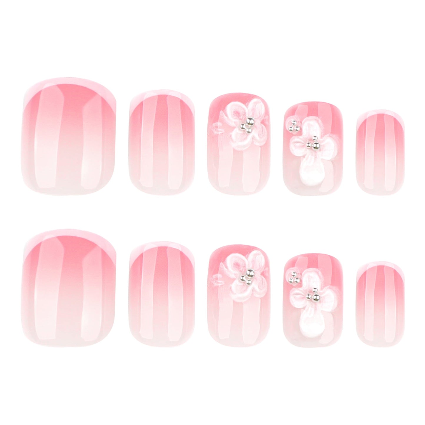 Elegant Nude Pink 3D Floral Press-On Nails – French Tip, Square Glue-On False Nails