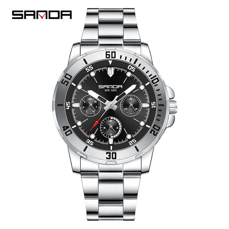 SANDA Men’s Large Dial Steel Quartz Watch – Business Analog Wristwatch with Calendar