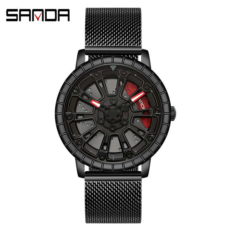 Sanda Men’s Quartz Watch – Hollow Dial, Mesh Stainless Steel Band, Waterproof Timepiece
