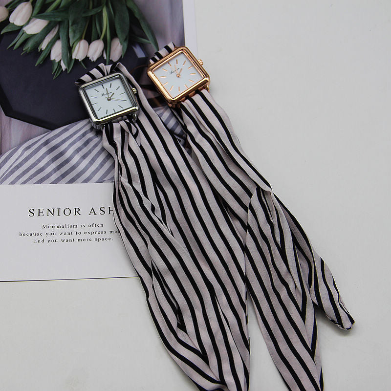 Women’s Square Quartz Watch with Striped Cloth Strap - World Time, Minimalist Fashion