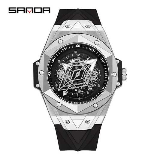 SANDA Luminous Men’s Quartz Watch – Fashion Hollow Dial Silicone Strap Watch
