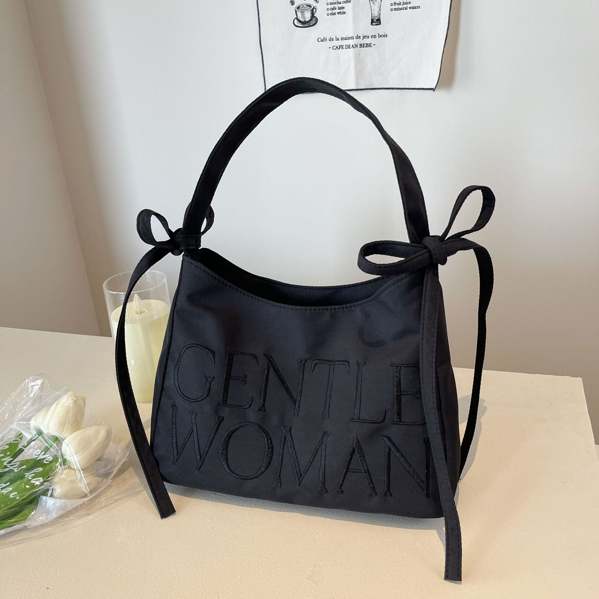 Nylon Bow Underarm Bag – Candy Color Shoulder Handbag with Letter Design