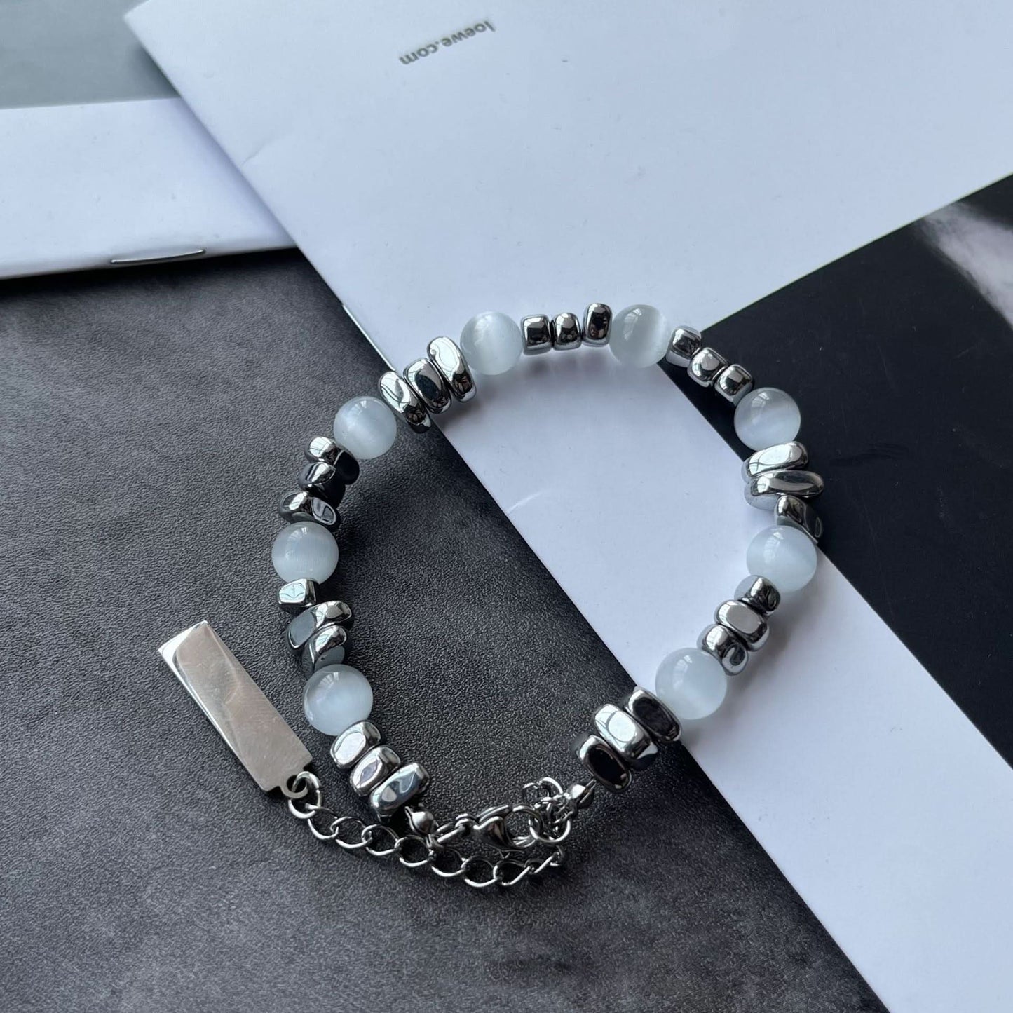 Minimalist Beaded Bracelet – Silver & White Geometric Beads