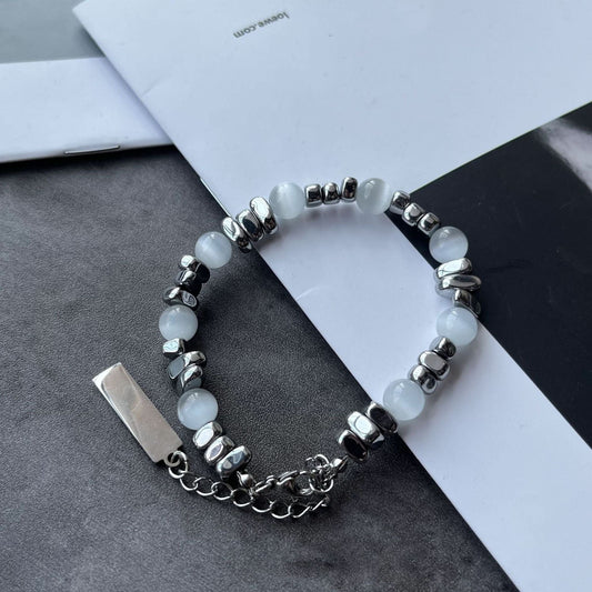 Minimalist Beaded Bracelet – Silver & White Geometric Beads