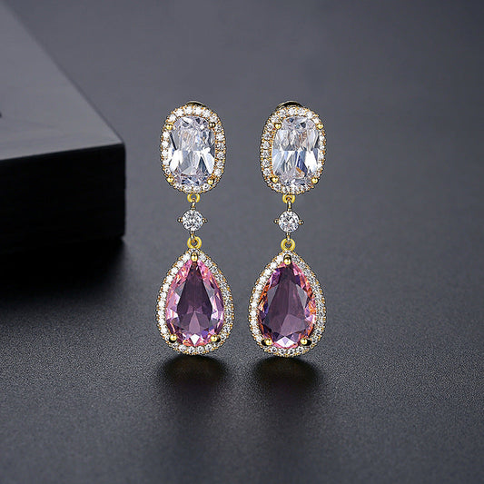 Pink Geometric Zircon Earrings – Copper Light Luxury Jewelry for Women