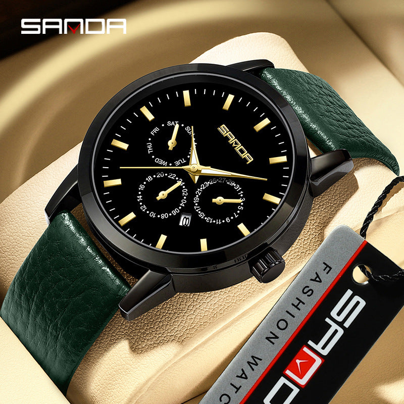 Sanda Men’s Leather Quartz Watch – Three-Eye Chronograph, Waterproof Business Analog Watch