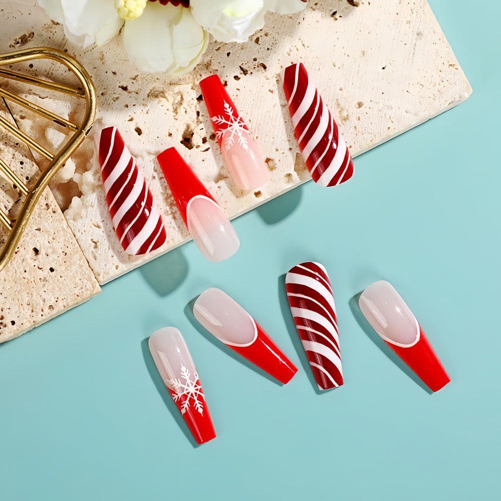 Long Coffin Snowflake Press-On Nails – Red & White Striped Acrylic Set