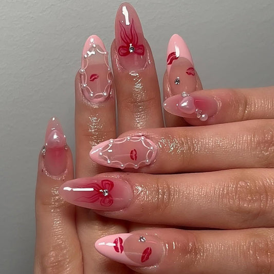 Pink & Red Almond Press-On Nails with Lip Print & Pearls – Glue-On Long Fake Nails