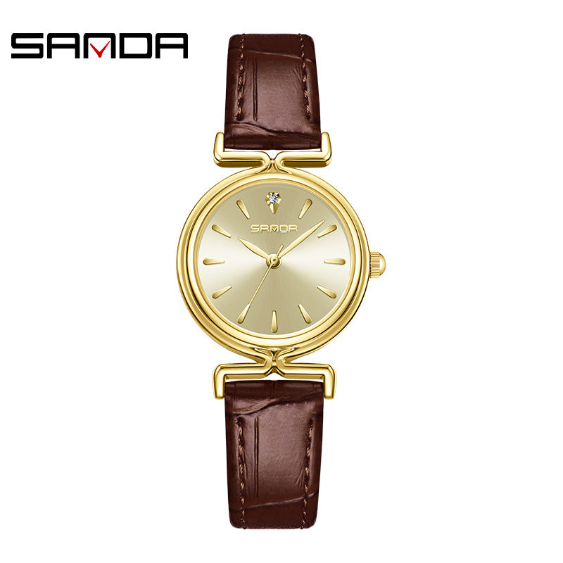 Sanda Women’s Retro Leather Quartz Watch – Classic Round Dial, Waterproof Casual Watch