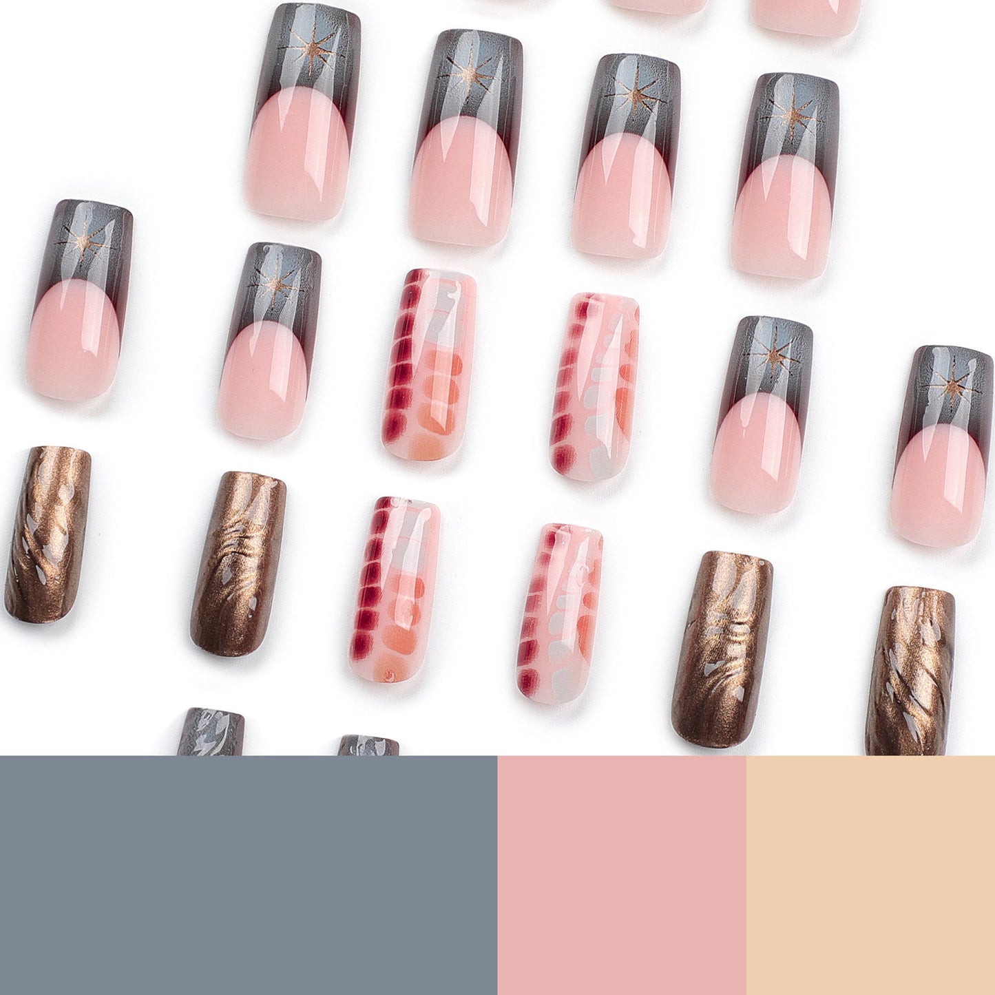 Chrome Starburst Gradient Press-On Nails – Long Coffin Shape, Metallic Swirl Design