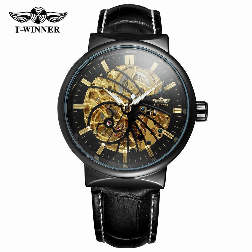 T-WINNER Automatic Mechanical Watch for Men – Waterproof Skeleton Dial Leather Strap