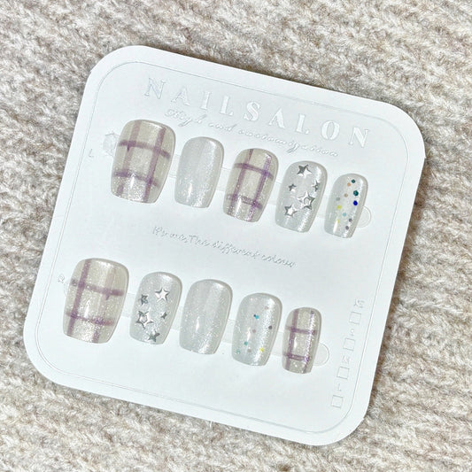Chic Geometric Short Press-On Nails – Silver Stars & Glitter False Nails
